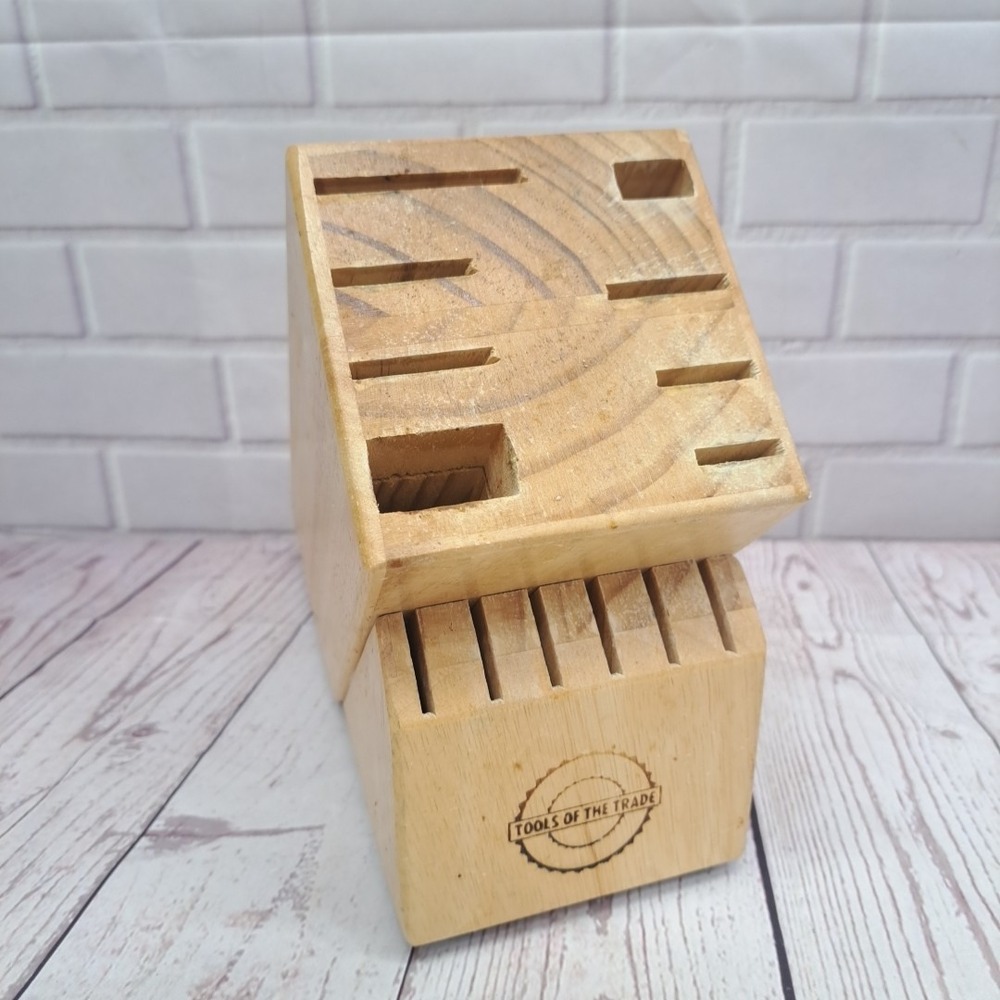 Kitchen Knife Block Wood Butcher Block Style 14 Slots Cutters Sharpener Steak 9"